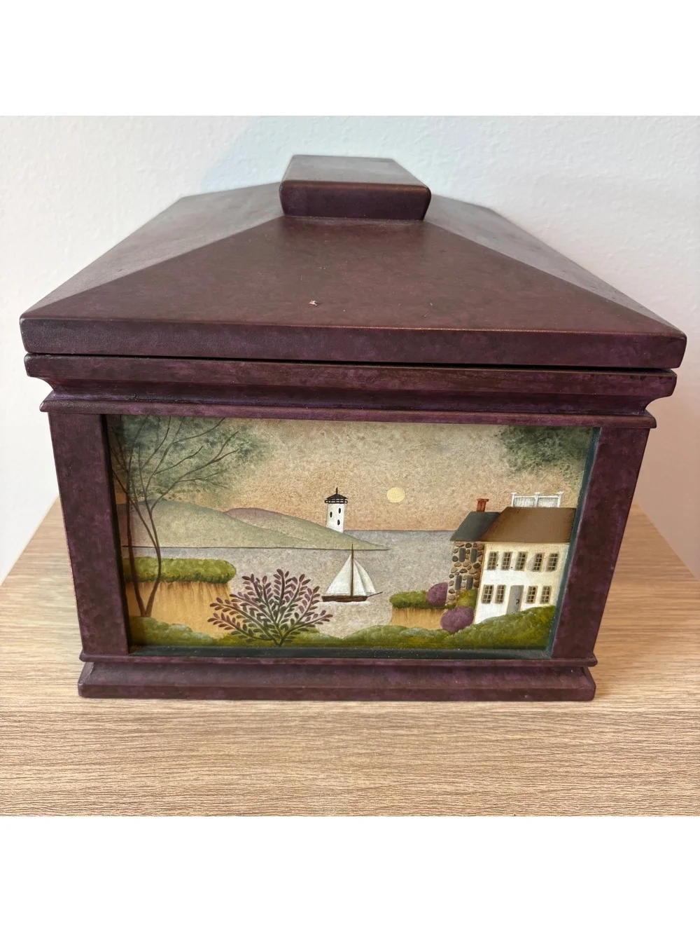 Keepsake Box Hand-Painted Coastal Lighthouse Wooden Folk Art Decor